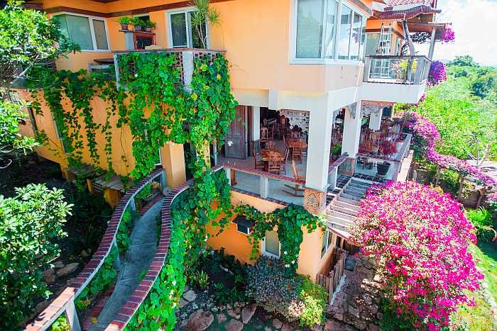 Garden at cozy hotel on tropical island.