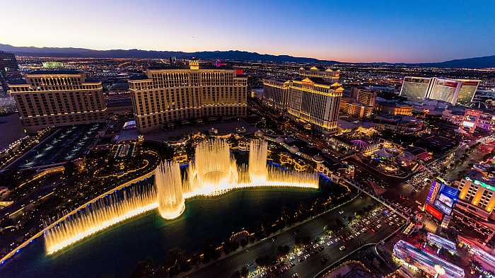 The Bellagio hotel and fountains in Las Vegas, Nevada.